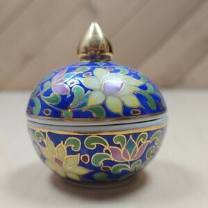 Authentic Thai Hand painted Trinket Jar Box with lid Enamel Flowers w/ Gold Trim